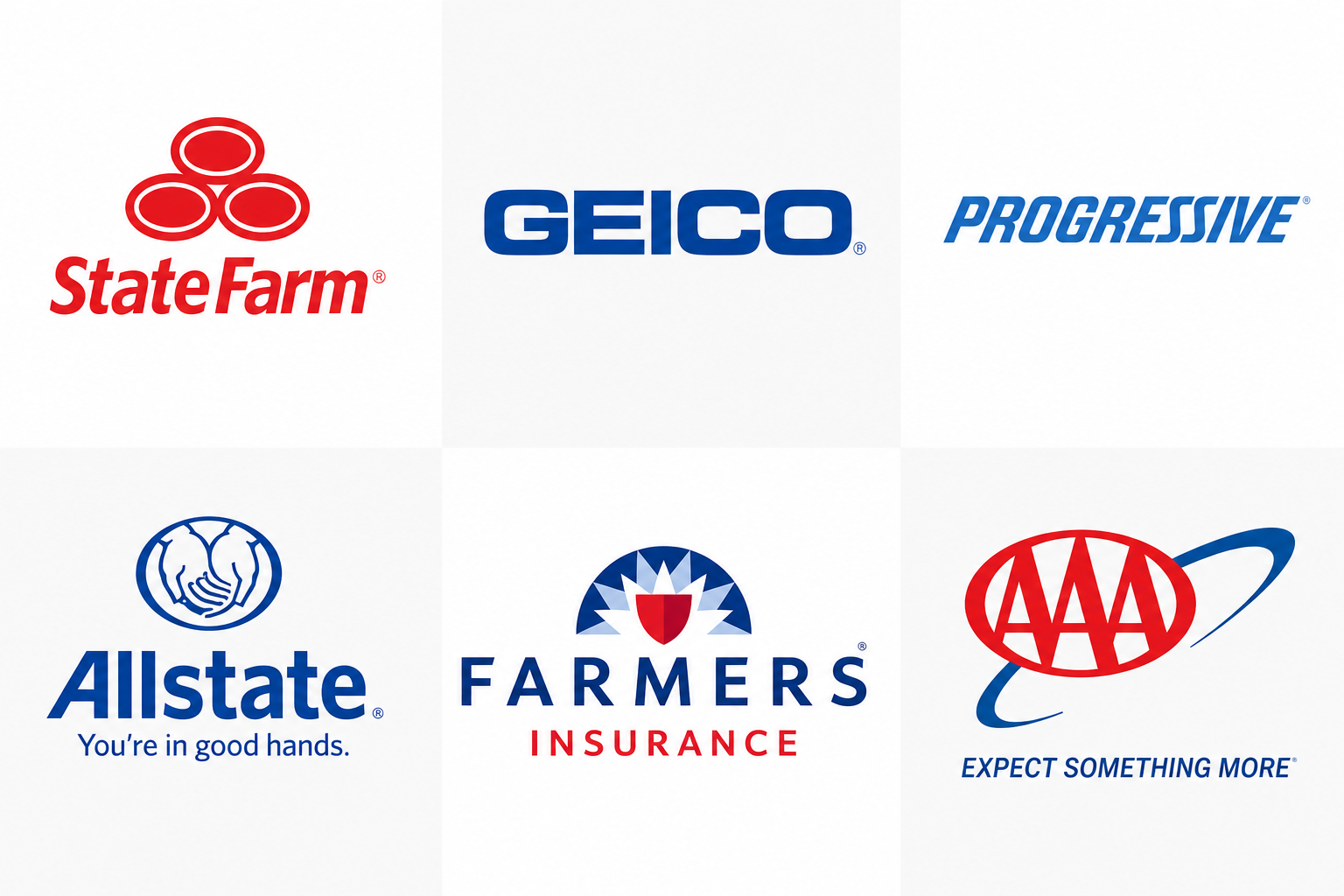 Collage of major auto insurance company logos including State Farm, GEICO, Progressive, Allstate, Farmers Insurance, and AAA, representing insurance providers commonly accepted by auto body shops in Los Angeles